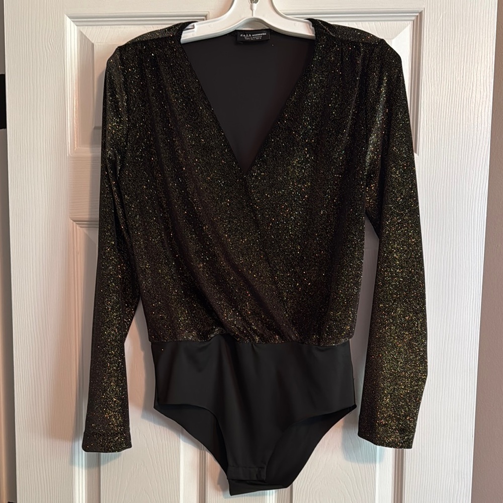 Zara Black and Gold Sparkle Bodysuit